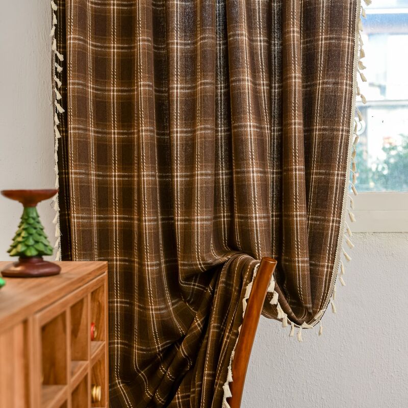 American-Style Christmas Thickened Woolen Plaid Yarn-Dyed French Kitchen Curtain Semi-Blackout Floating Curtain Norwegian White Coffee Plaid