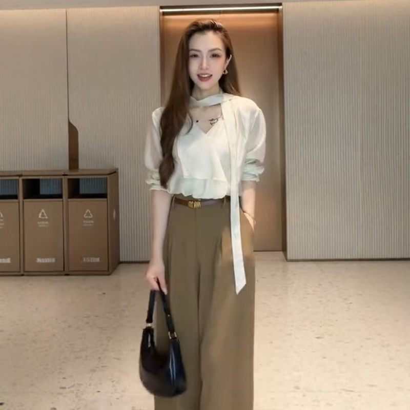 Retro Mature Simple Style V-Neck Ribbon Shirt for Women, 2026 Summer New Long-Sleeve Elegant Age-Reducing Commuter Top