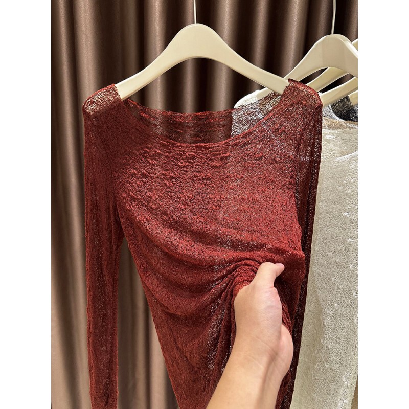 Anchor Red Large Round Neck Lace Hollow Out Blouse for Women 2024 Autumn/Winter Long Sleeve Base Shirt Inner Layer T-Shirt Top