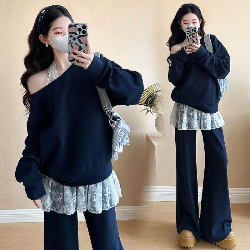 Korean Style Trendy Age-Reducing Maternity Wear 2026 New Spring Lace Halter Neck Sweatshirt Maternity High-End Outfit Set