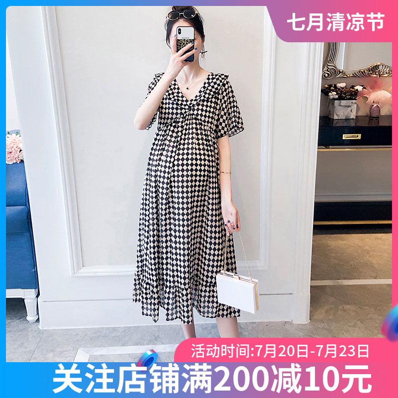 Pregnant women Hepburn wind dress thin Chiffon maternity dress summer skirt Fairy maternity dress Long large size long dress