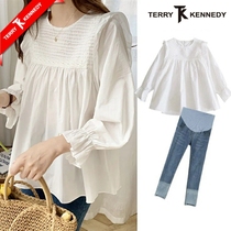 Maternity spring suit outer wear fashionable round neck long-sleeved doll shirt top loose belly-covering autumn dress