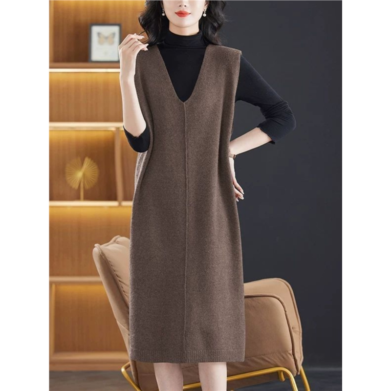 Young Mother's Knitted Dress, Spring and Autumn Style, Loose and Slimming Sweater Dress, Long Over-The-Knee Plus-Size Vest Dress