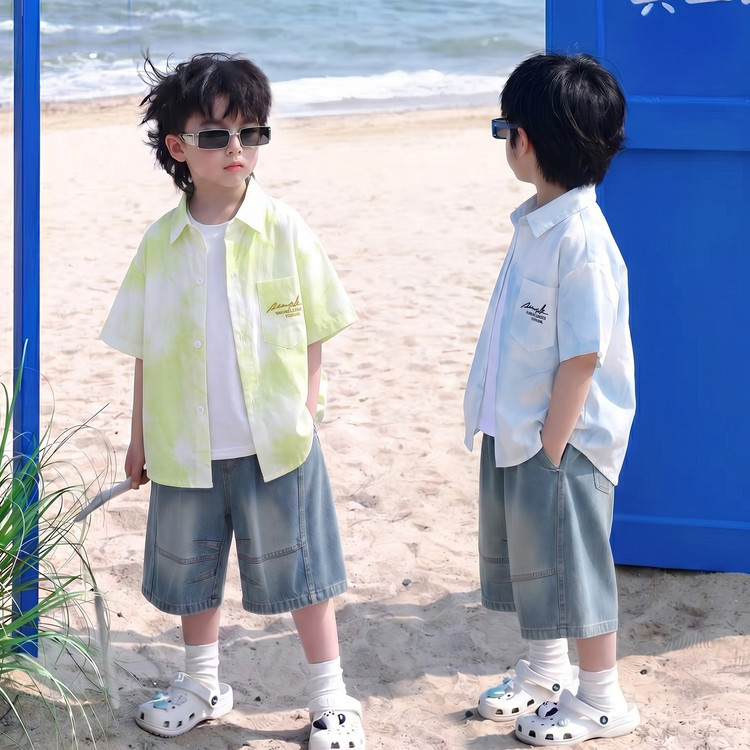 Boys' Summer Outfit Children's Summer Short-Sleeve Shirt Loose Vacation Style Big Boys' Summer Wear Thin Top Trendy