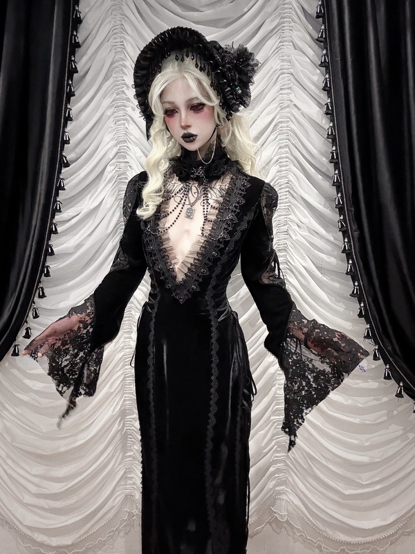 Made in Hell | Devilfashion Dark Gothic Velvet High-Neck Deep V Lace Long Dress Skt26701 Made in Hell | Devilfashion Dark Gothic Velvet High-Neck Deep V Lace Long Dress Skt26701