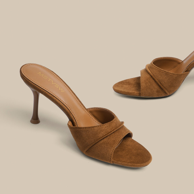 Michael Known【Luxury Footwear】Brown Retro Slip-On Sandals for Women, Summer High-Heeled Open-Toe Sandals