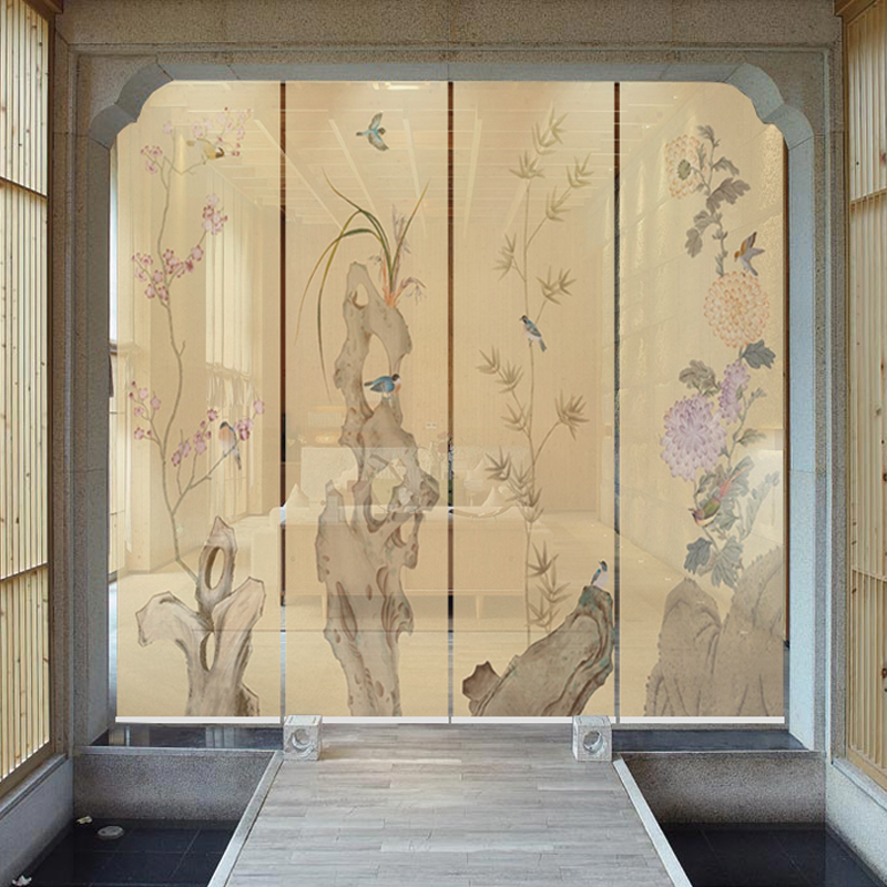 Living room shading partition window screen new Chinese style plum Blue Bamboo chrysanthemum lifting roller curtain new Chinese curtain study background wall