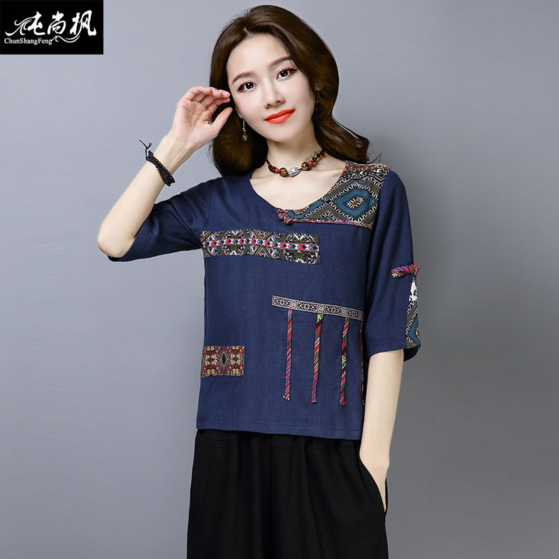 gió quốc gia mùa hè Dress retro lỏng ngắn tay gió quốc gia vòng cổ áo thêu bông ngắn áo thun đầu lớn-code của phụ nữ