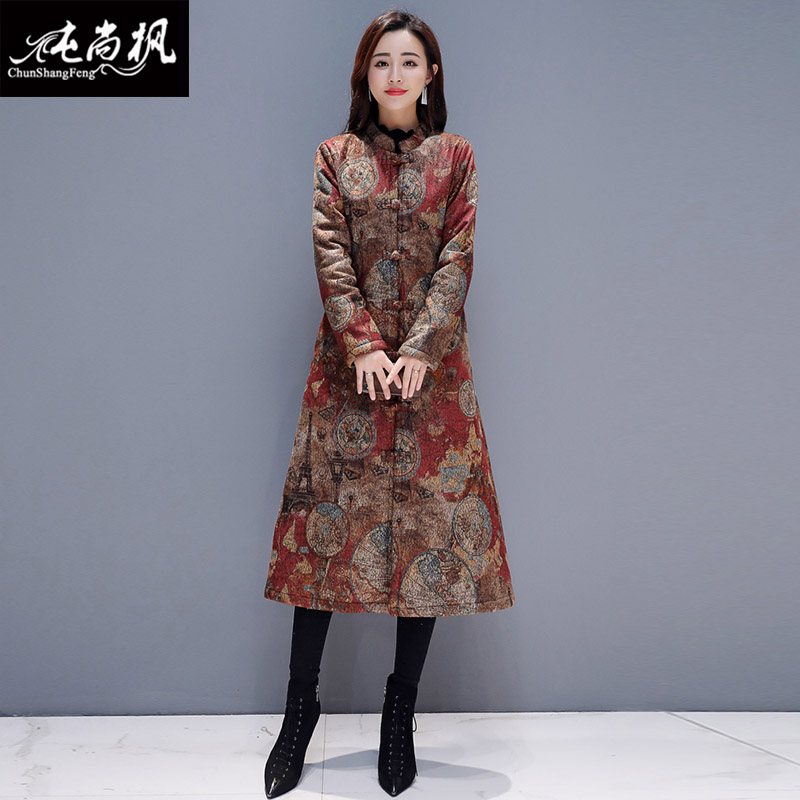 mùa thu và mùa đông nút không khí gió quốc gia quần áo bông mẹ trong cộng nhung dày windcoat ấm áo áo khoác ấm áp mặc dài của phụ nữ