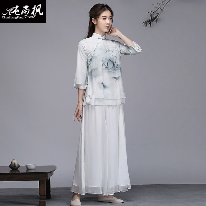 phụ nữ quần áo Han 2019 Zen chien gió quốc gia quần áo trà gió blowbamboo mực dốc in và cải thiện nhuộm kiểu Trung Quốc hai mảnh bộ