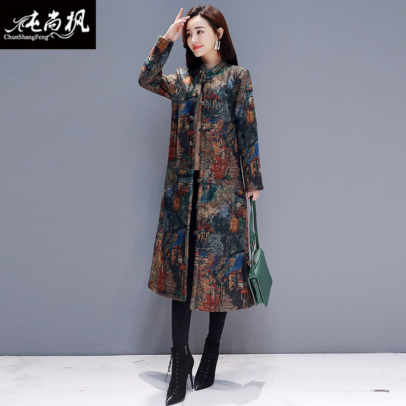 mùa thu và mùa đông nút không khí gió quốc gia quần áo bông mẹ trong cộng nhung dày windcoat ấm áo áo khoác ấm áp mặc dài của phụ nữ