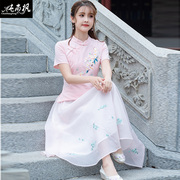 Sườn xám đầu cải thiện thời trang mùa xuân và mùa hè ngắn dài tay áo gió retro Tang chiếc váy thêu Han quần áo Republic trà gió váy