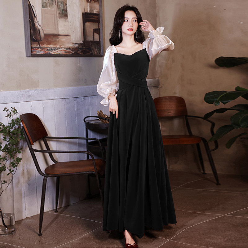 Velvet Banquet Evening Dress for Women 2025 New Style Host Light Luxury Niche High-End Black Adult Ceremony Dress