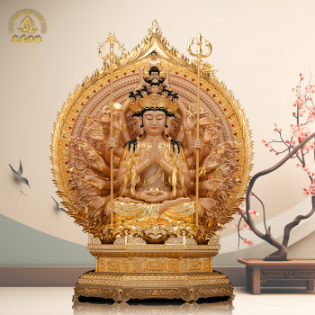 Thousand-Hand Thousand-Eyed Avalokiteshvara Bodhisattva Pure Copper Gilt Home Buddhist Hall Thousand-Hand Guanyin Buddha Statue Copper Statue Desktop Ornament