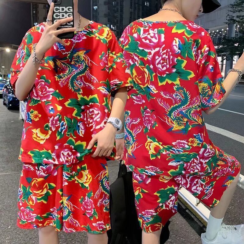 Summer Men's Casual Shorts, Northeastern Floral Ethnic Style Peony Flower Round Neck Short-Sleeved T-Shirt, Youth Plus Size Suit