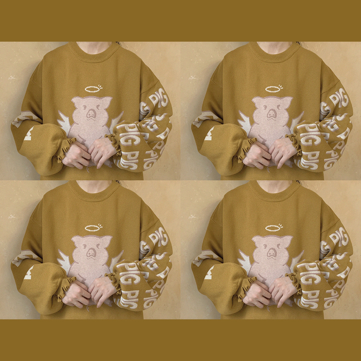 *Original Angel Pig Wealth Retro Cute Girl Ultra Loose Yellow Sweater K