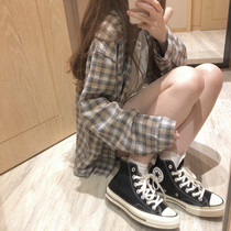 Retro doing old mill wool white blue beige casual 100 lap loose plaid shirt W