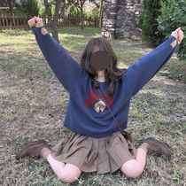 Original butterfly knot bell Cute Retro Teenage Girl Ultra Loose Blue Sweater K