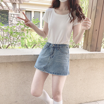 Versatile pure color base with large neckline soft positive shoulder white grey inner lap short sleeve T-shirt blouse W