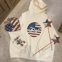 Original print antique vintage star-spangled flag cow milk yellow loose hooded sweater without velvet H