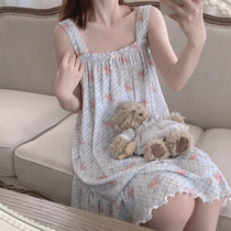 Breathable clear blue grid rose small crushed flower butterfly knot hollowed-out cotton fabric home pyjamas sleeping skirt U