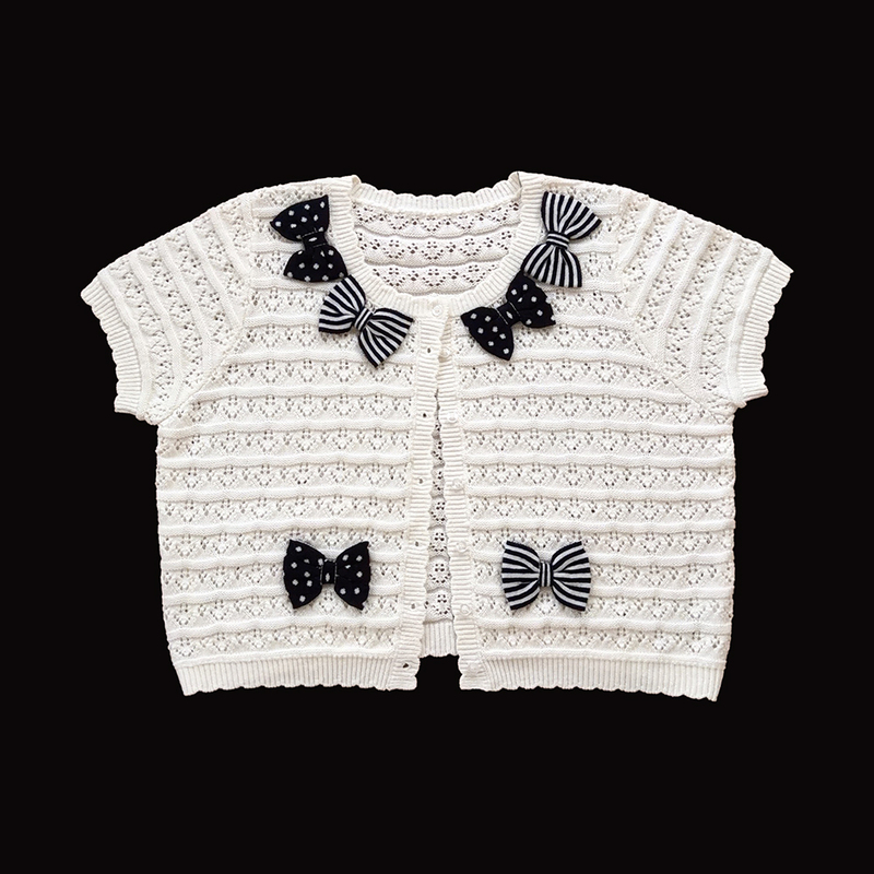 Cotton Knit Cardigan with Polka Dots, Plaid Stripes, Bow, Hollow-Out Design, Short Sleeves, K