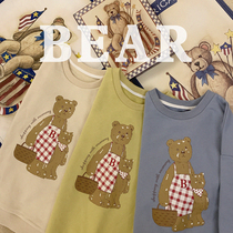 Original Printed Lovely Retro Little Bear Mother Yellow Blue Beige Loose Round Collar Ancient Necroe without suede W
