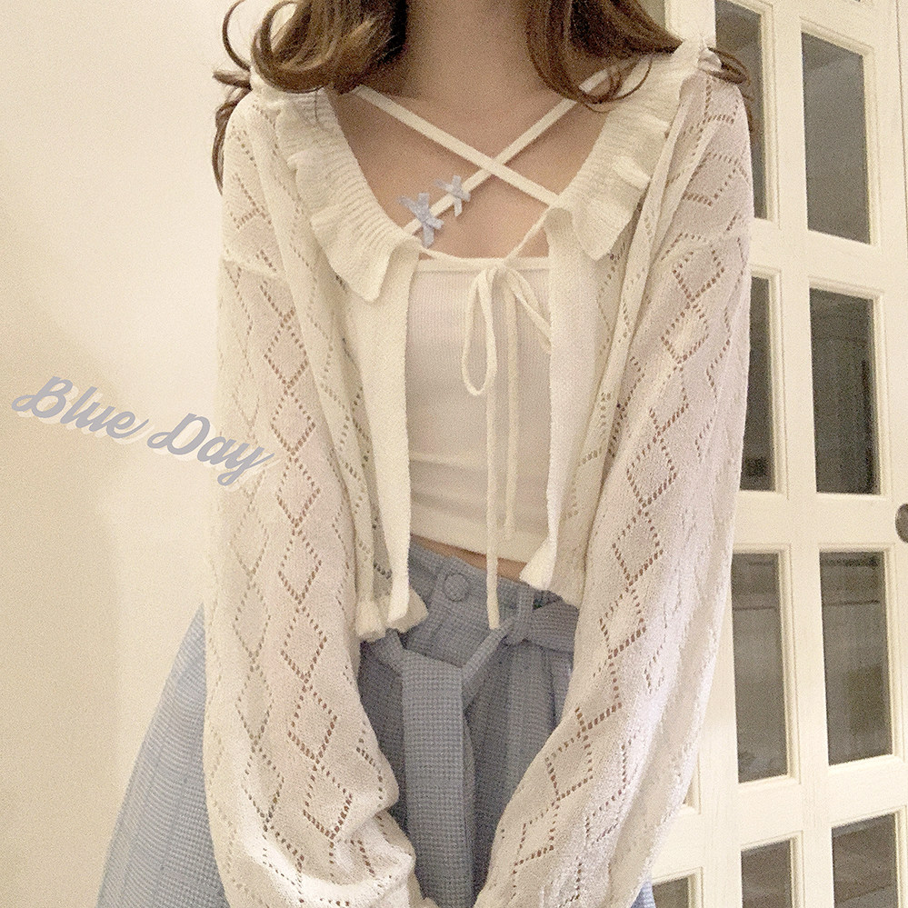 TT Yarn Retro Teenage Girl Hollowed-out Strap 100 Hitch Cream White Knit Summer Knitwear K