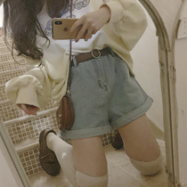 Joker basic retro girly cute elastic waist light blue loose denim shorts summer W