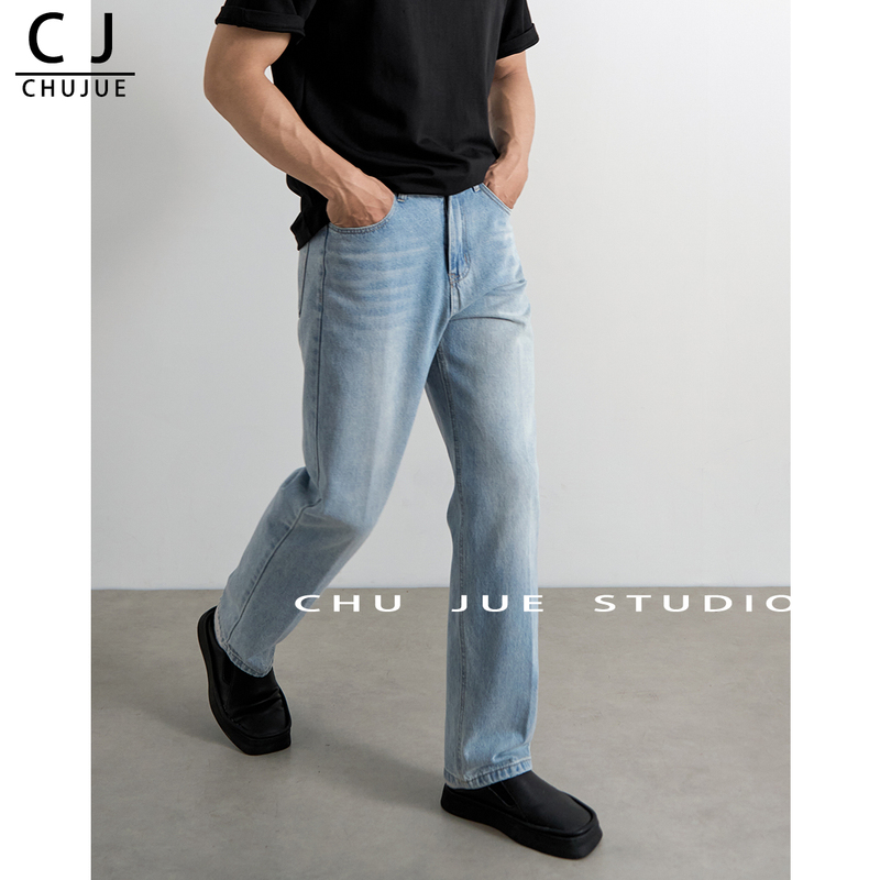 Chujue Sky Blue Light-Colored Slightly Tapered Straight-Leg Jeans for Men 2025 Spring and Summer Non-Stretch Wear-Resistant Men's Pants