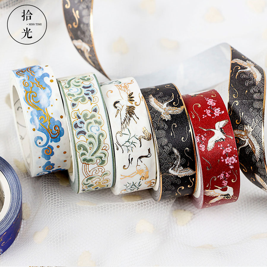 ten light brocade bronzed gold and paper adhesive tape China wind pattern fairy crane sea water cloud print DIY hand account lip red decoration