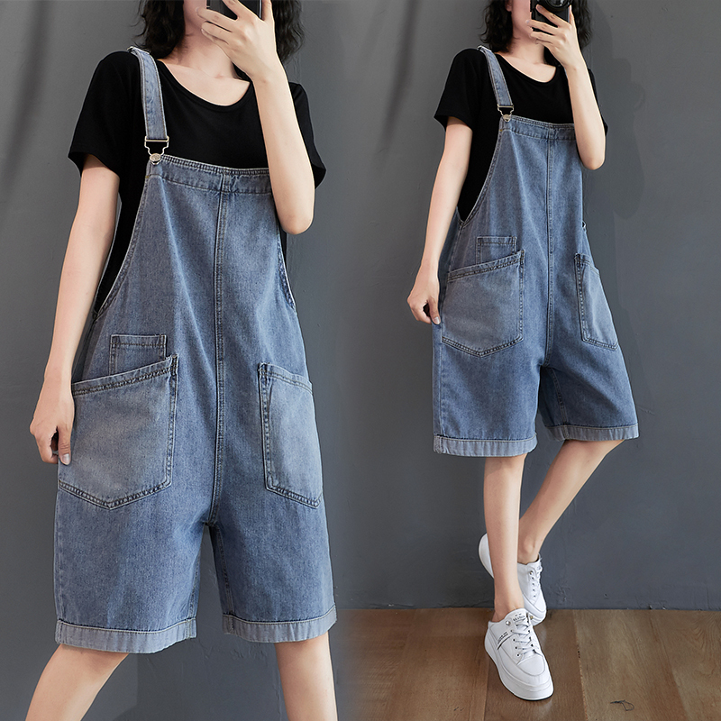 Plus-Size Overalls for Women, Loose Korean Style, 2026 Spring/Summer New High-Waisted Slimming Suspender Jumpsuit, Wide-Leg Shorts, Trendy