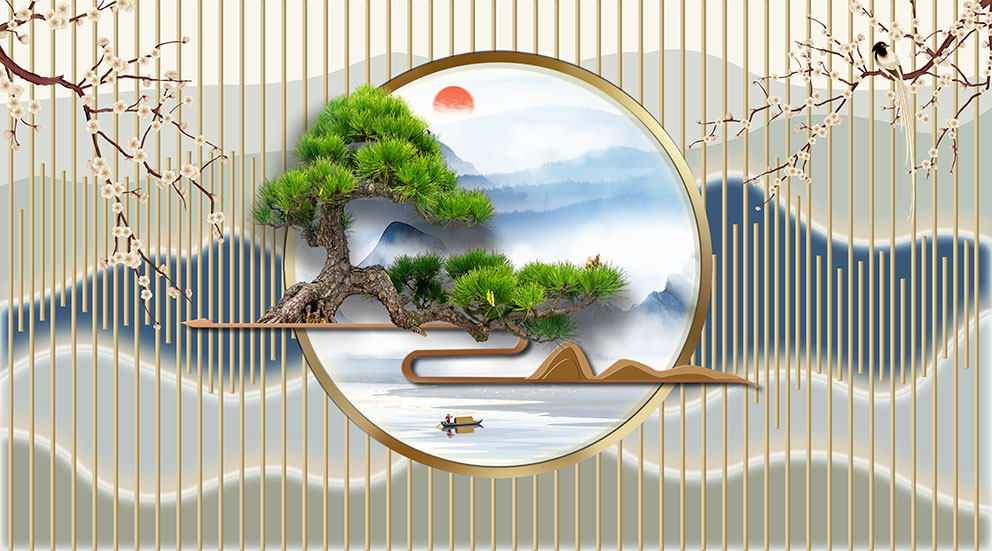 新中式背景墙青松