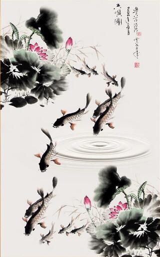 水墨荷花九鱼图玄