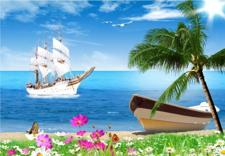 海边帆船椰子树现