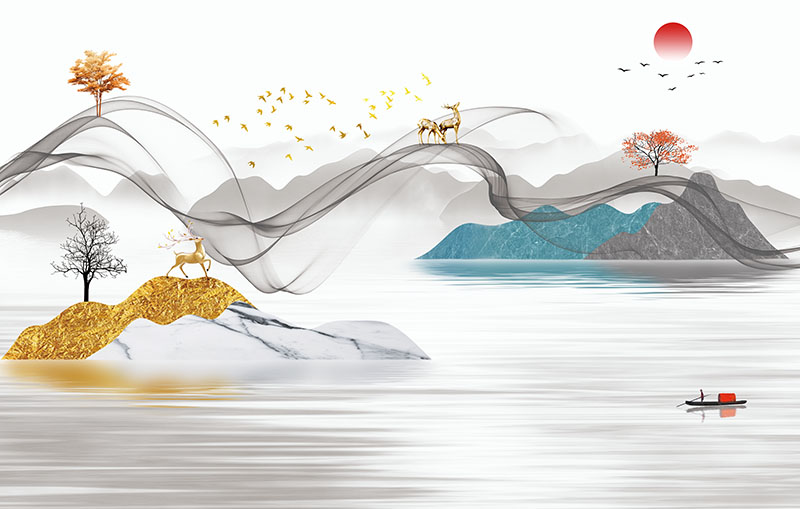 新中式背景墙麋鹿