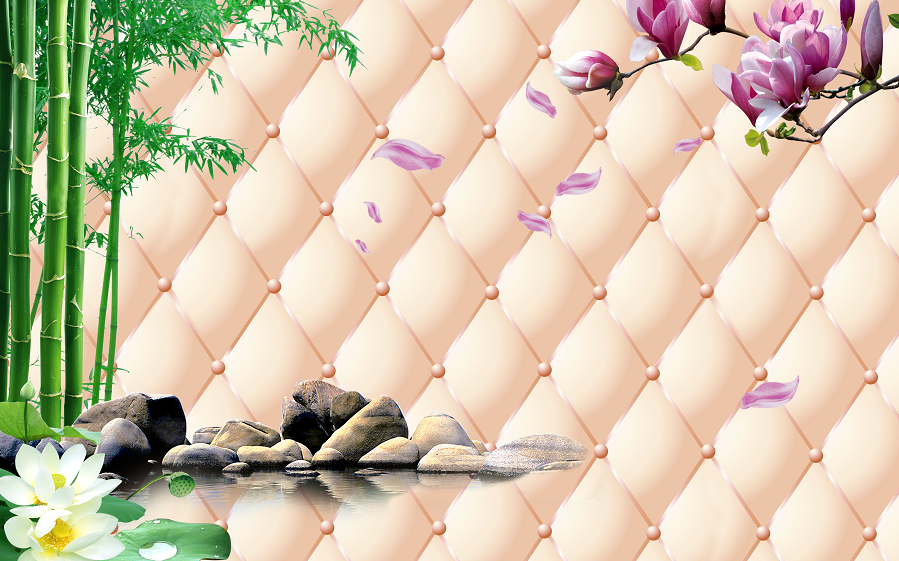 3D竹子石头荷花