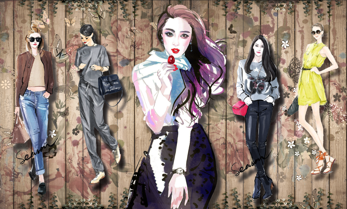 复古手绘美女服装