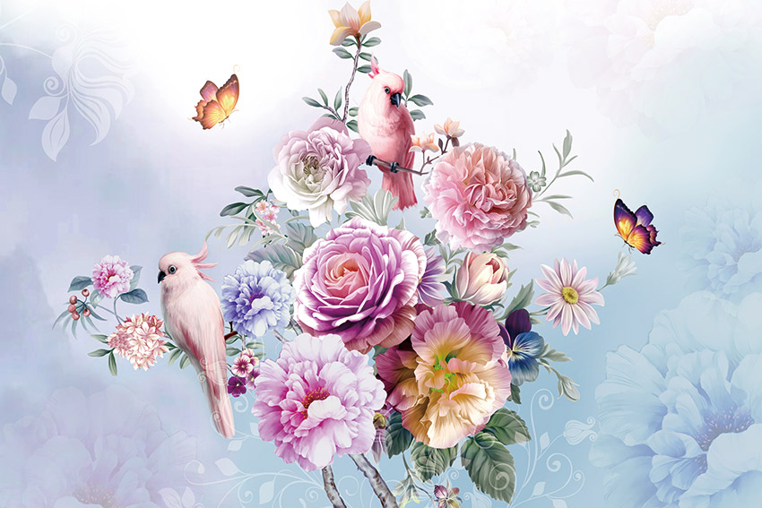 鲜花手绘背景花鸟