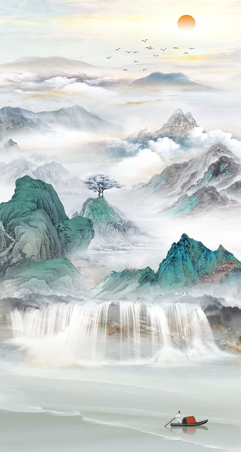 新中式彩色山水瀑