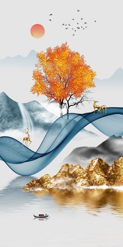 麋鹿金色山水玄关