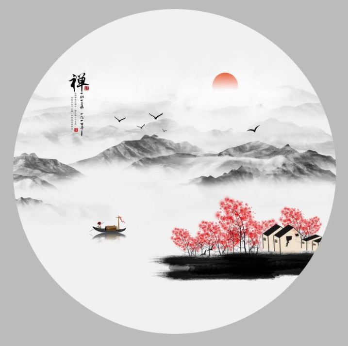禅意桃花水墨山水