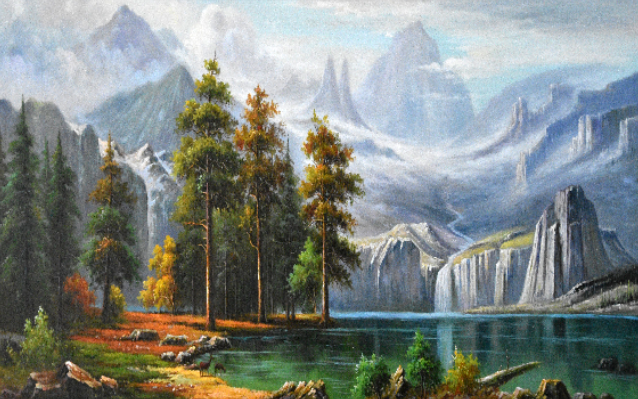 手绘雪山流水油画