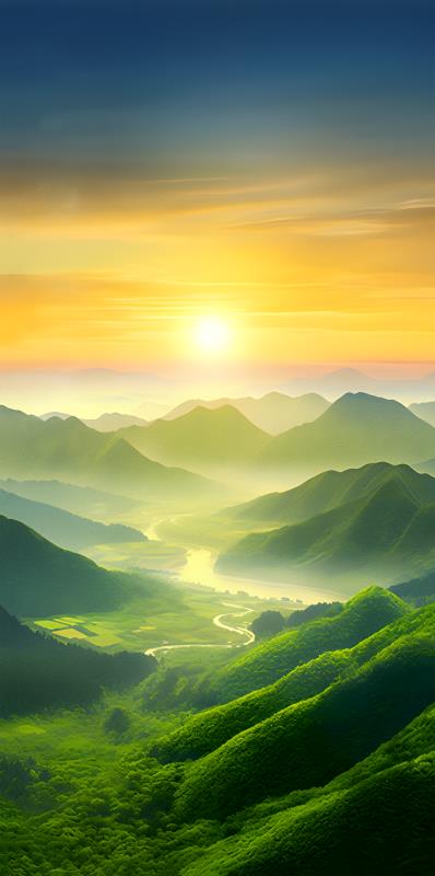 玄关太阳绿色山脉