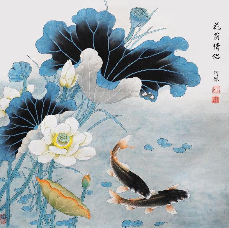 花萌情侣工笔荷花