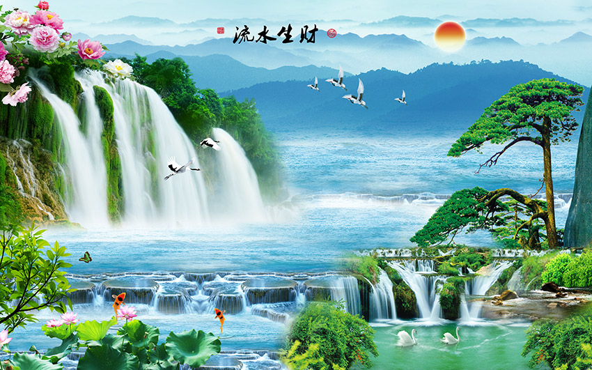 中式山水瀑布 流