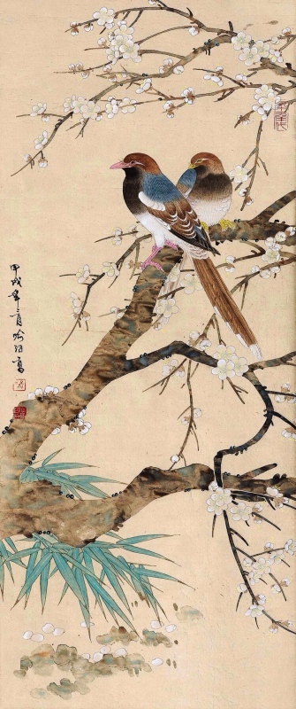 手绘树枝花鸟书法