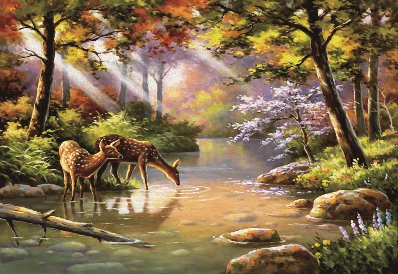 油画麋鹿森林河流
