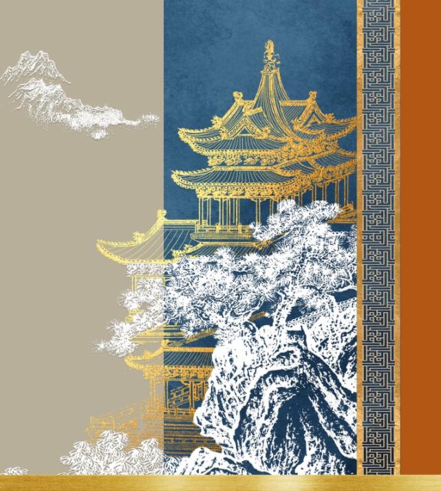 楼阁山水线稿肌背