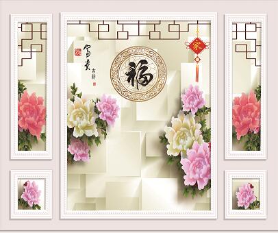 福玉雕牡丹花框背